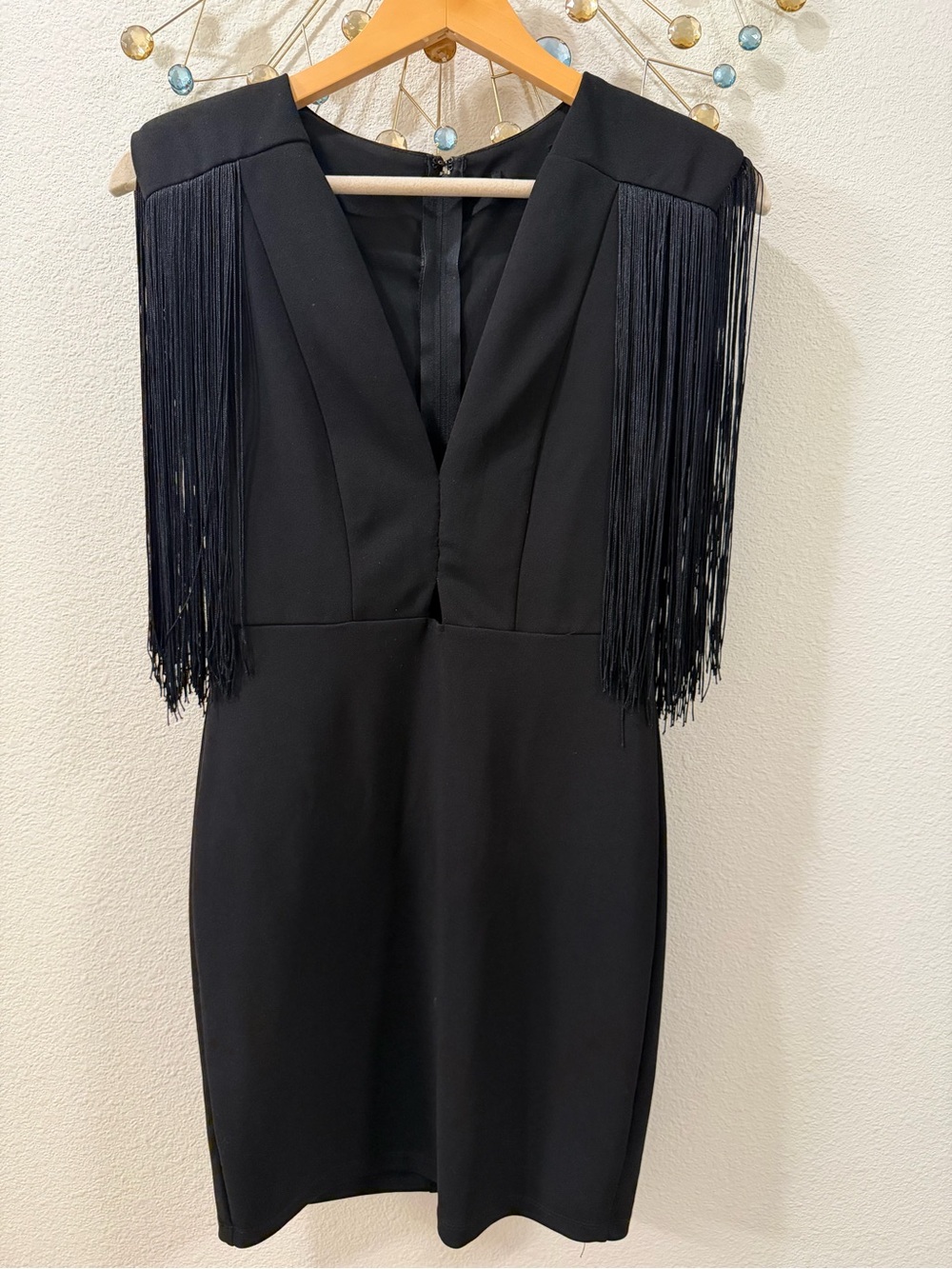 Elegant Black Fringe Shoulder Dress - Women's Cocktail Dress